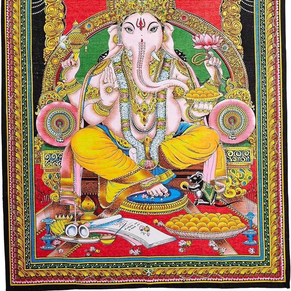 Lord Ganesha Deity Sequin Tapestry Indian God Batik Cotton Wall Hanging 43